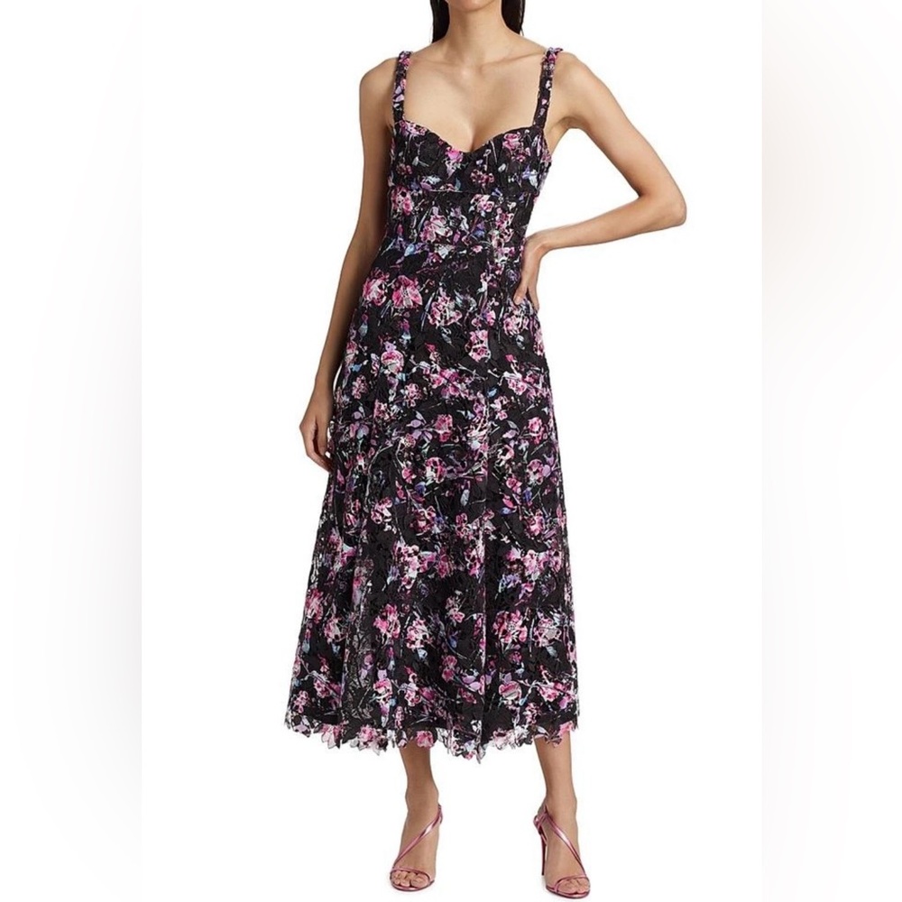 ML Monique Lhuillier Floral Embroidered Black & Pink Midi Dress Size 4
